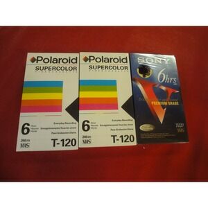 3 lot T-120 blank VHS recordable recording tapes polaroid & sony 6 hours